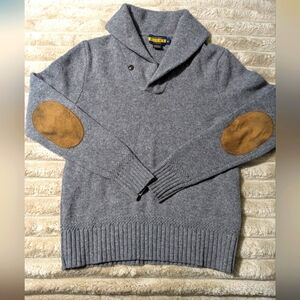 Ralph Lauren Rugby Wool Sweater Grey with Tan Suede Elbow Patches Size M